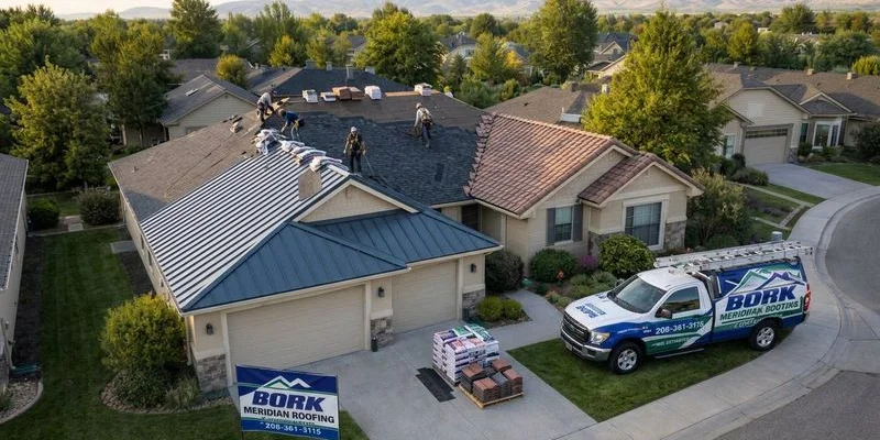 Aerial view of Idaho home showing different roofing material options including asphalt shingles metal panels and tile roofing