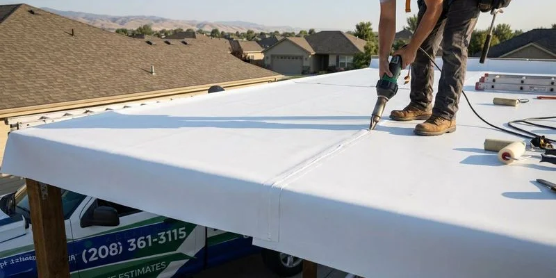Close up view of white TPO roofing membrane installation on commercial building showing heat welded seam detail and clean surface