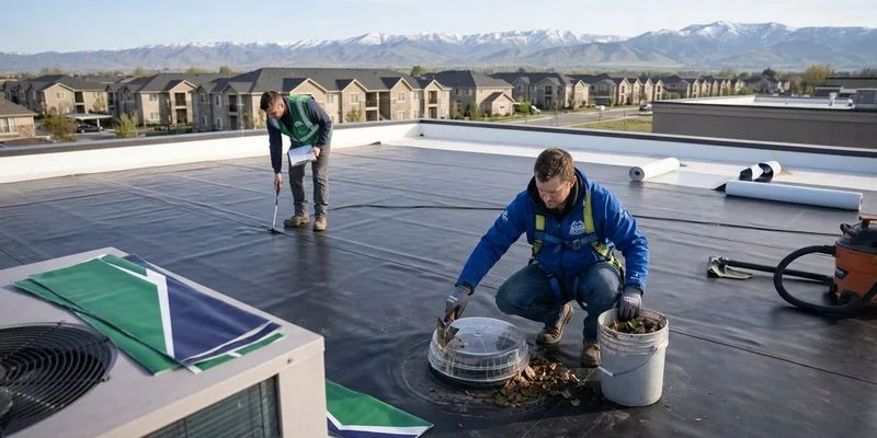 Commercial flat roof in spring with maintenance worker clearing debris from drains and inspecting membrane condition after winter