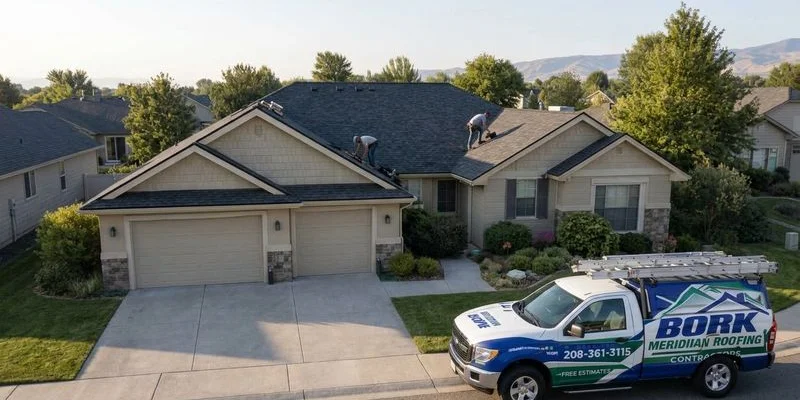 Completed roof repair after hailstorm damage with new shingles installed on Meridian Idaho home and clean property after cleanup