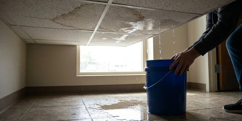 Interior of commercial building showing water stained ceiling tiles and bucket placed under active roof leak during rainstorm