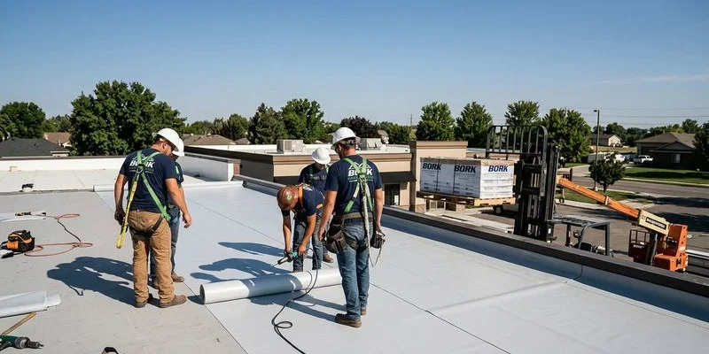 New commercial roof being installed on Meridian Idaho business building with professional crew working on membrane installation