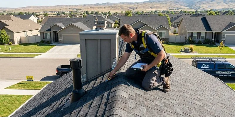 Professional roofer conducting a thorough roof inspection on a residential home in Meridian Idaho checking shingles and flashing