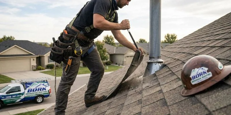 Professional roofer conducting thorough seasonal maintenance inspection on Treasure Valley home checking shingles and flashing