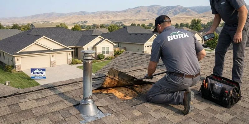 Professional roofer inspecting damaged shingles and flashing around a vent pipe to locate the source of a roof leak