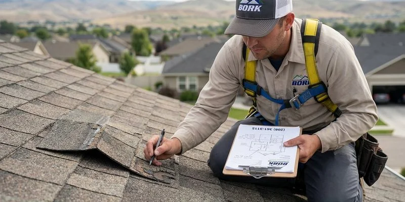 Professional roofer inspecting roof and taking detailed notes to differentiate between storm related wind damage and normal aging wear