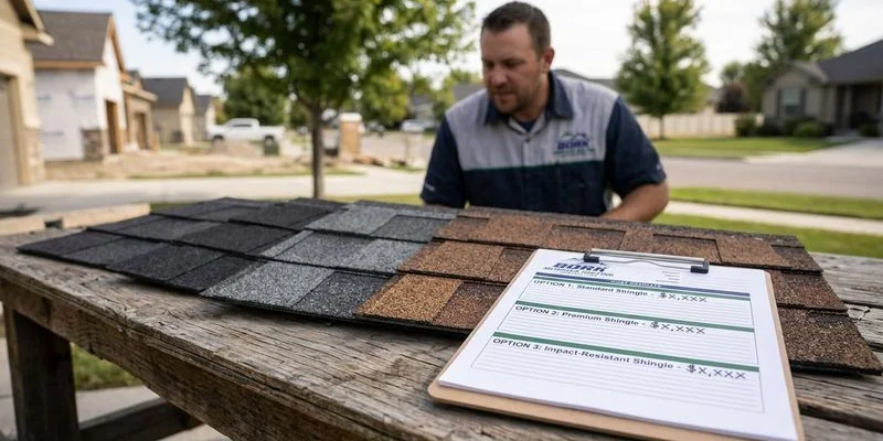 Roofing material samples displayed next to cost estimates showing pricing for different shingle options available to Meridian Idaho homeowners