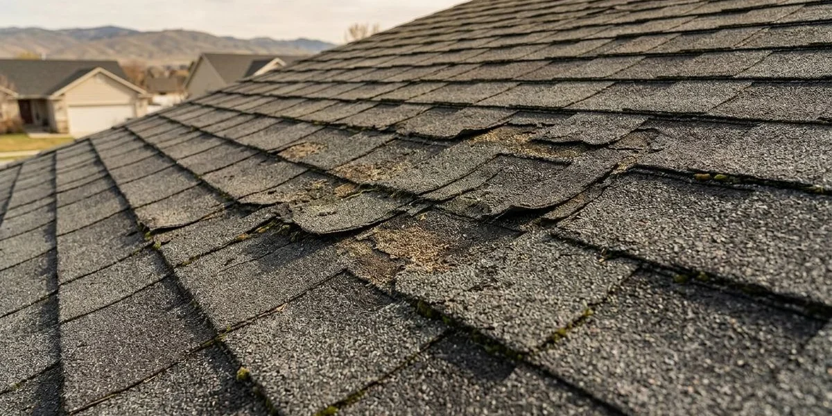 Aging roof with curling shingles and missing granules showing warning signs of needing replacement