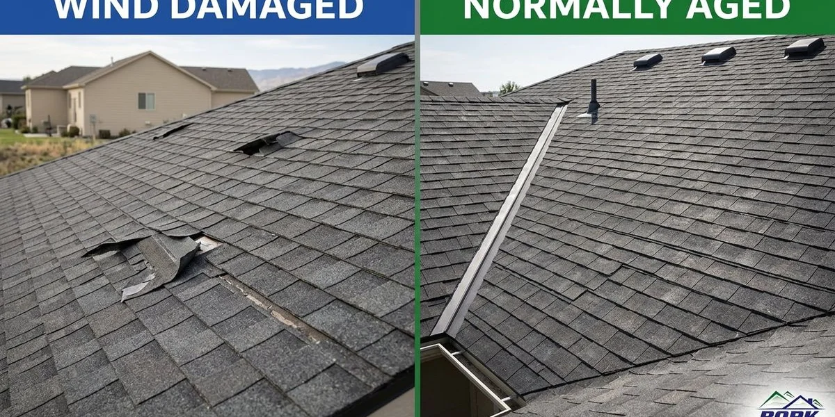 Comparison of wind damaged shingles with lifted edges vs normally aged shingles with wear