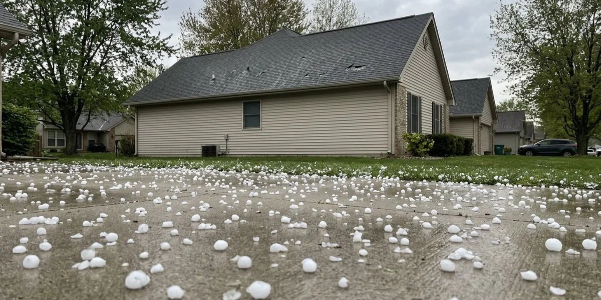 Hail stones on ground near residential home with visible roof damage after Treasure Valley storm