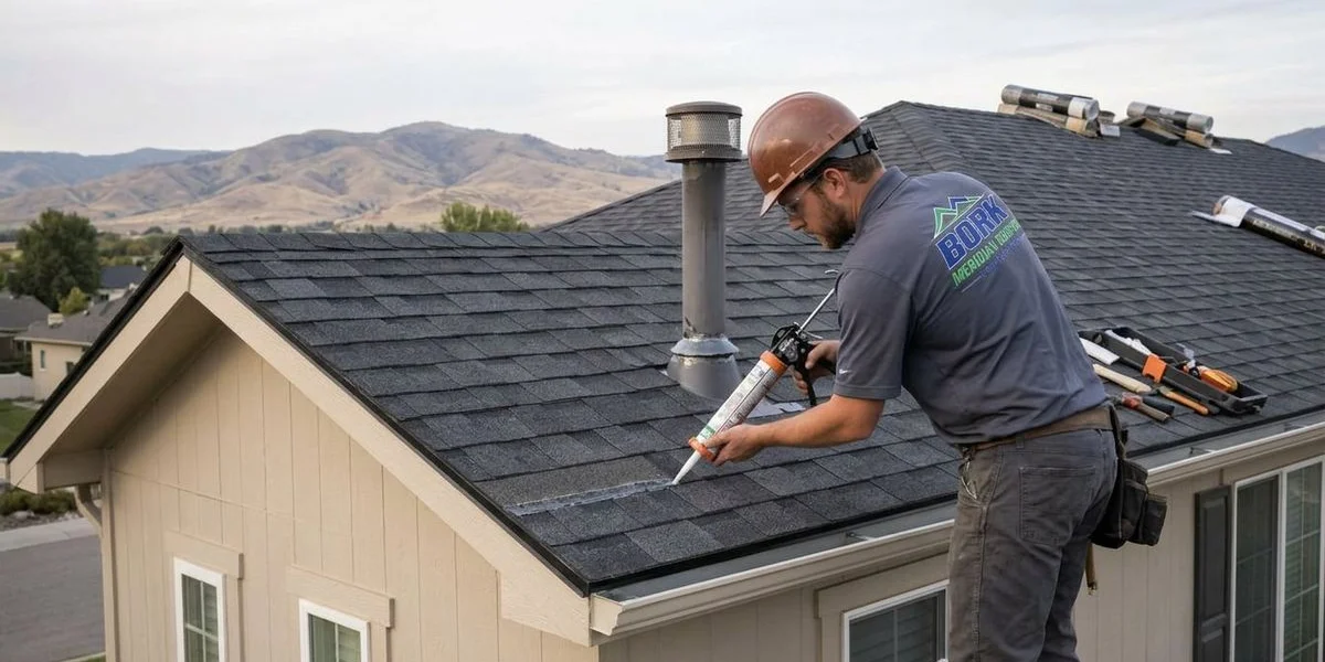 Maintenance worker inspecting commercial flat roof with checklist clipboard and tools