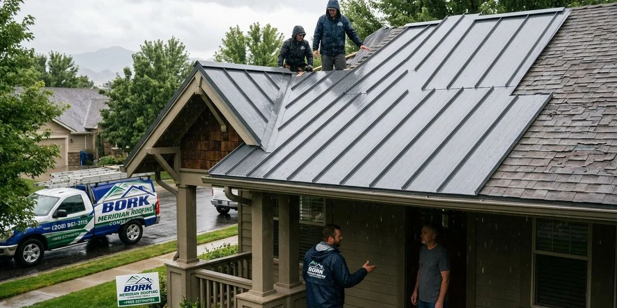 Modern metal roof during a rain shower showing durability and quiet performance debunking common metal roofing myths