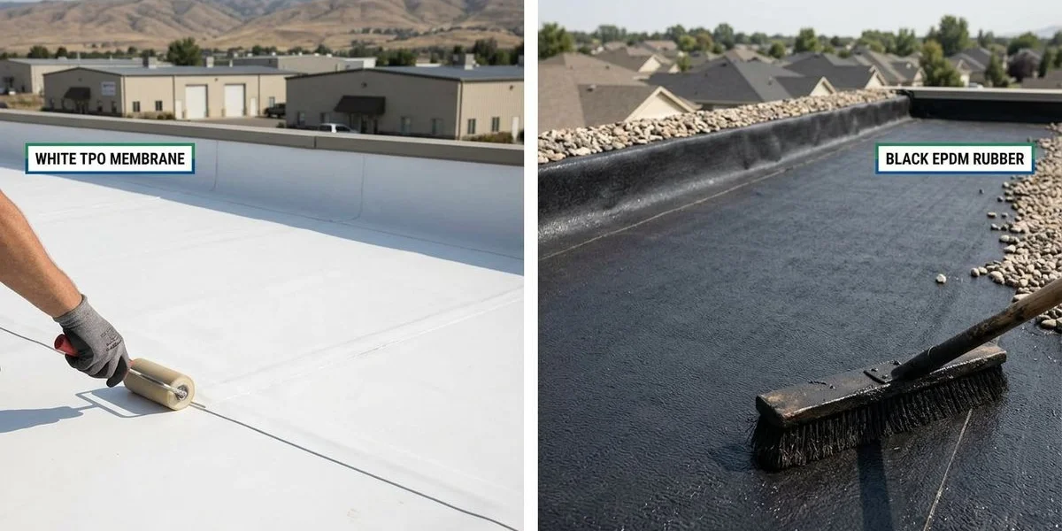 Split image of white TPO membrane and black EPDM rubber roofing on commercial flat roof